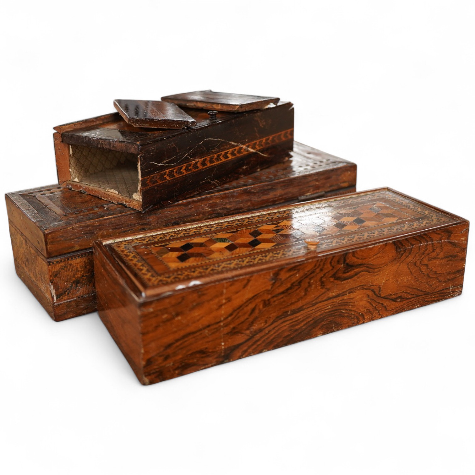 Tunbridge ware - two cribbage board boxes, a sewing box with accessories and another box, largest 26cm wide
